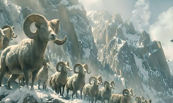 A herd of mountain rams on snowy slopes. The concept of wildlife and survival.
