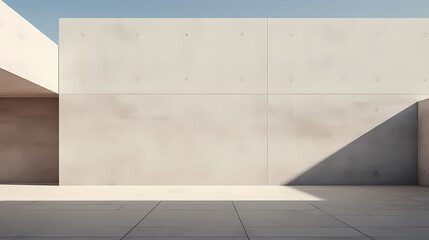 Modern building exterior with concrete wall and blue sky background