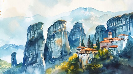 A painting of a mountain village with a church and houses. The mountains are covered in trees and the sky is blue - obrazy, fototapety, plakaty