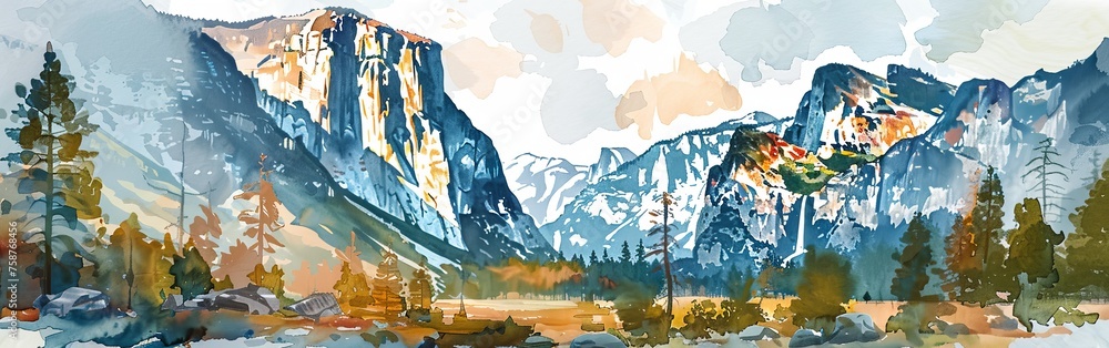 Poster a painting of a mountain range with a blue sky in the background. the mountains are covered in snow 