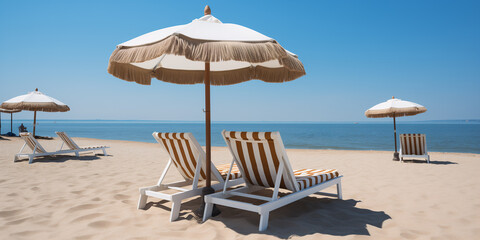 Beach on a sunny day, sun loungers and umbrella against the backdrop of the sea