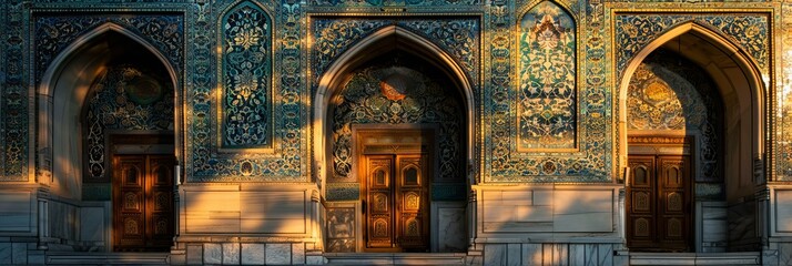 A mosque adorned with traditional Islamic patterns and calligraphy, its intricate beauty...