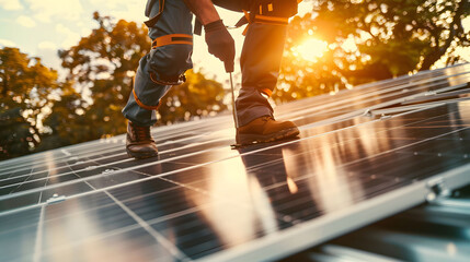 An illustration of a worker installing solar panels on the roof of an office building, symbolizing the concept of green energy. copy space for text. - obrazy, fototapety, plakaty