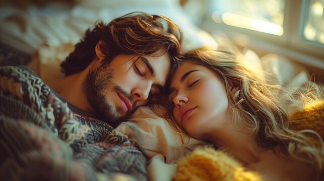 At dawn, a striking man and a captivating woman lay nestled together in the warmth of a cozy bedroom.