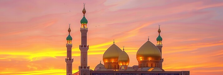 A mosque with gleaming golden domes at dawn, the sky painted in soft hues of pink and orange behind...