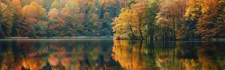 Fototapeta premium A dense forest surrounds a body of water, creating a harmonious natural scene. The trees reflect in the calm water, emphasizing the serene beauty of this tranquil landscape.