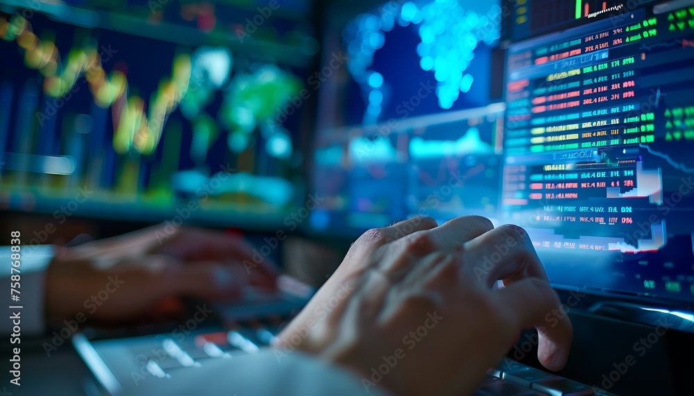 Fototapete focused financial analyst, hands-on exploration of global market dynamics via computer dashboard