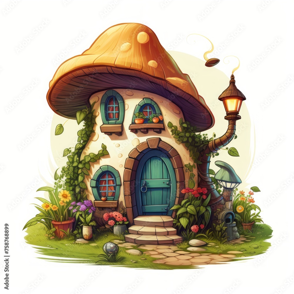 Aufkleber Generative AI A magical tiny house with a cobblestone pathway and a cozy hearth inside.