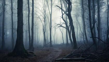 Dark forest with dead trees in fog. Mysterious horror scenery. Mystical atmosphere.