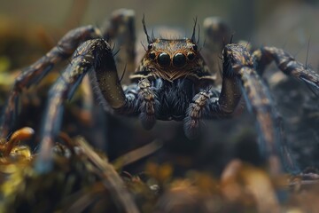 This close-up shot captures the intricate details of a Wolf spider crawling on the ground, showcasing its segmented body and eight legs. - obrazy, fototapety, plakaty