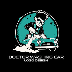 Doctor Washing Car Vector Logo Design