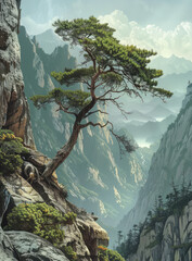Lonely pine tree on rock in the mountains - obrazy, fototapety, plakaty