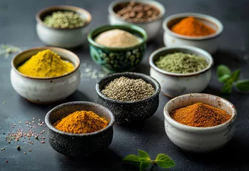Fotobehang Assorted natural spices in bowls on black background © Vadim