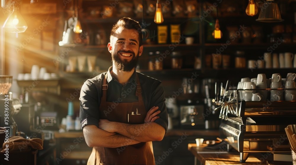 Poster a man with a beard stands in a coffee shop with his arms crossed. he is smiling and he is happy. the