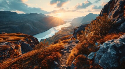 Generative AI Coastal panorama, drone's eye view, sun dipping, tranquil fjord waters, realistic sunset scene in Norwegian fjords