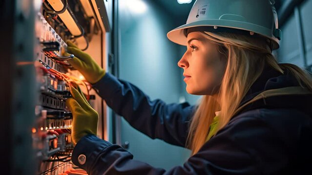 A female commercial electrician at work on a fuse box, demonstrating professionalism.