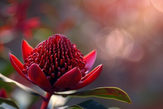 A detailed view of a vibrant red Waratah flower, with a blurred background accentuating its beauty. The intricate petals and rich color are prominently displayed in this close-up shot.