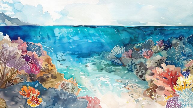 This watercolor painting captures an underwater ocean scene filled with vibrant corals and delicate seaweed. The artwork showcases the beauty and diversity of marine life beneath the surface, with col