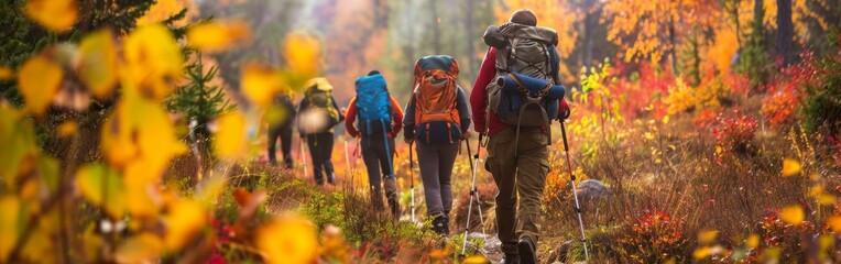 A diverse group of hikers trekking through a dense forest filled with tall trees, bushes, and ferns. They are wearing backpacks and sturdy hiking boots, immersed in the natural surroundings. - obrazy, fototapety, plakaty