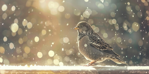 A little bird sits on a wooden table, copy space for text. Spring background. - Powered by Adobe