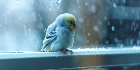 A little bird sits on a wooden table, copy space for text. Spring background.