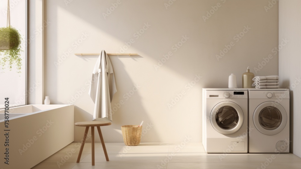 Poster generative ai a serene white room with a wall-mounted washing machine, emphasizing simplicity and fu