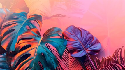 Vibrant Tropical Leaves Adorning a Soft Pastel Gradient Background - Exotic and Lively Design Element - obrazy, fototapety, plakaty