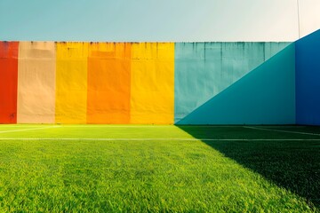 Vibrant Soccer Field adorned with a Colorful Wall: A Minimalist Architectural Masterpiece in Daylight