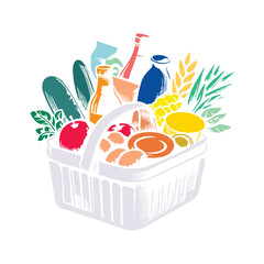 Illustration of a wooden basket filled with an assortment of vegetables, milk, oil, can. Vector illustration of healthy food.