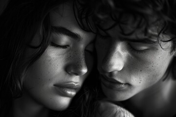 A close-up of a young couple in a tender, serene moment - obrazy, fototapety, plakaty