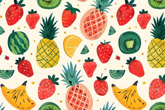 Whimsical Summer Fruits Pattern Featuring Pineapple, Strawberry, and Watermelon