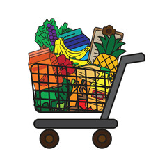 Supermarket shopping trolley cart with fresh grocery products creative illustration.