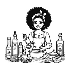 Vector illustration of a woman cooking in the kitchen flat illustration. Cooking Foods.