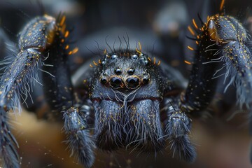 A close-up shot of a blue jumping spider showcasing its vibrant coloration and distinctive markings. The spider appears poised and ready to jump, with its multiple eyes and hairy legs clearly visible.