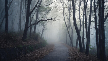 Dark forest with dead trees, path in fog. Mysterious horror scenery. Mystical atmosphere.
