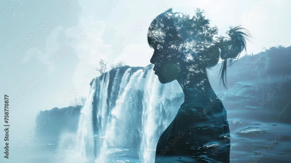 Poster a woman is standing upright in front of a massive waterfall, looking at the cascading water. she app