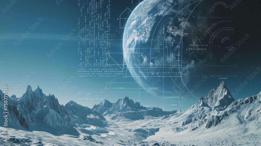 Poster a blue planet with mountains and a large blue sphere in the sky. the sky is filled with lines and nu