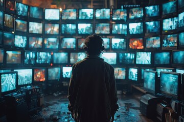 Confronting media saturation: man overwhelmed by the tyranny of screens - obrazy, fototapety, plakaty