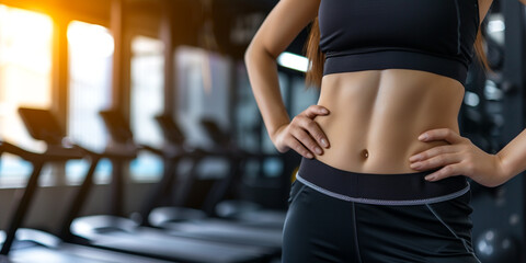side view of woman waist closeup in black sports clothing with strong belly muscles, six pack, on dark gym background сreated with Generative Ai - obrazy, fototapety, plakaty
