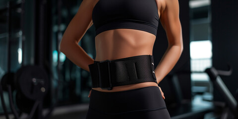 side view of woman waist closeup in black sports clothing with strong belly muscles, six pack, on dark gym background сreated with Generative Ai - obrazy, fototapety, plakaty