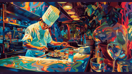 Stylized illustration of a chef meticulously preparing food on a hot sizzling surface in a vibrant, colorful kitchen setting
