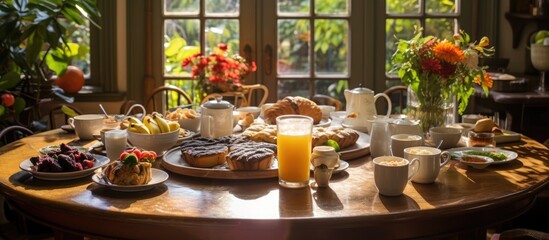 Guests welcome at a comfy breakfast table. - obrazy, fototapety, plakaty