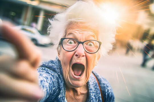 Elderly woman with glasses, mouth open, taking a selfie