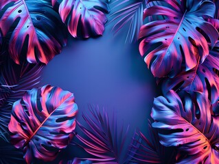 Tropical leaves, colorful glowing neon summer background.