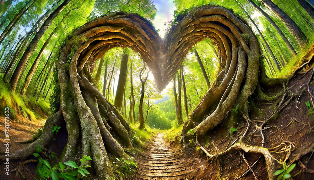 Poster old twisted roots coming out of the ground, transforming into a two heart shaped trees with a footpa