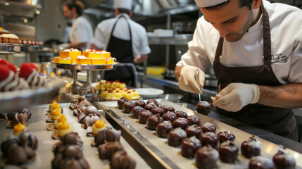 A close-up shot of a pastry chef with intense focus carefully decorating an array of gourmet desserts in a busy kitchen