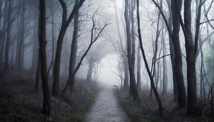 Fototapeta premium Dark forest with dead trees, path in fog. Mysterious horror scenery. Mystical atmosphere.