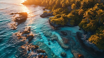 Generative AI Aerial view of stunning atolls, warm sunset glow, crystal-clear waters, detailed drone-captured French Polynesia at dusk