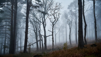 Dark forest with dead trees in fog. Dry broken branches. Mysterious horror scenery.