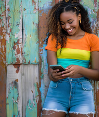 Beautiful exotic girl holding a phone and smiling. Bright colors, rustic background. 